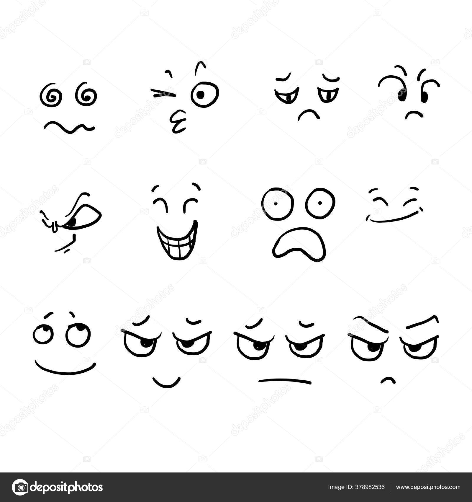Coleção Desenhos Animados Desenhados Mão Rostos Expressivo Olhos Boca  Sorrindo vetor(es) de stock de ©devitaayusilvianingtyas 378982536